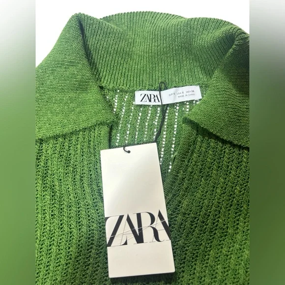 Zara Green Open-Knit Polo Sweater Size S - New with Tags - Picture 10 of 13